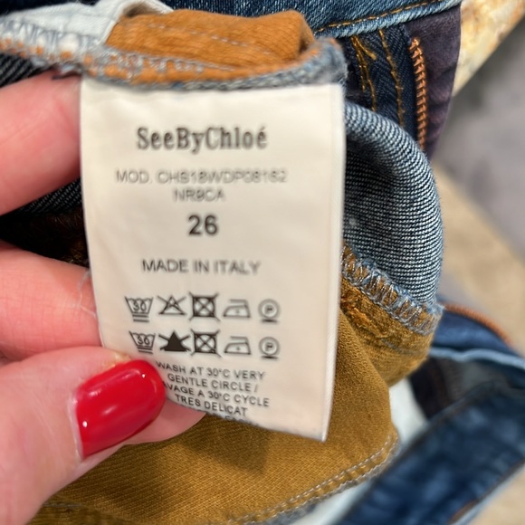 See by Chloe Mid Rise Flare Wide Leg Patchwork Velvet Striped Jeans 26 - Picture 7 of 9